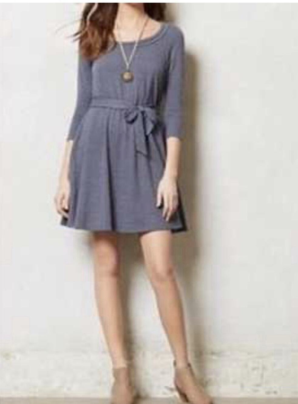 Lilka Anthropoloige Blue Gray Textured Shift dress belt 3/4 slv S Career Casual